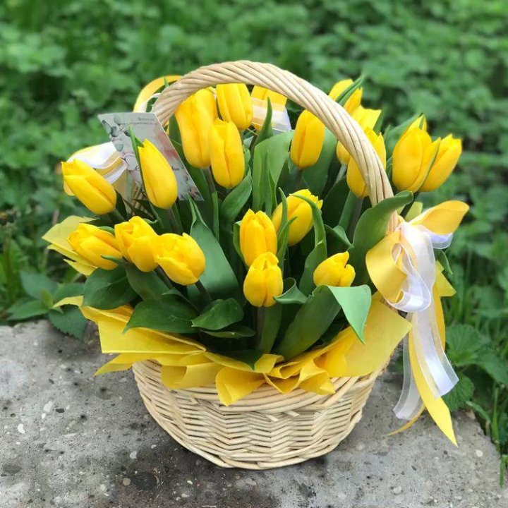 25 желтых тюльпанов в корзине в Таганроге