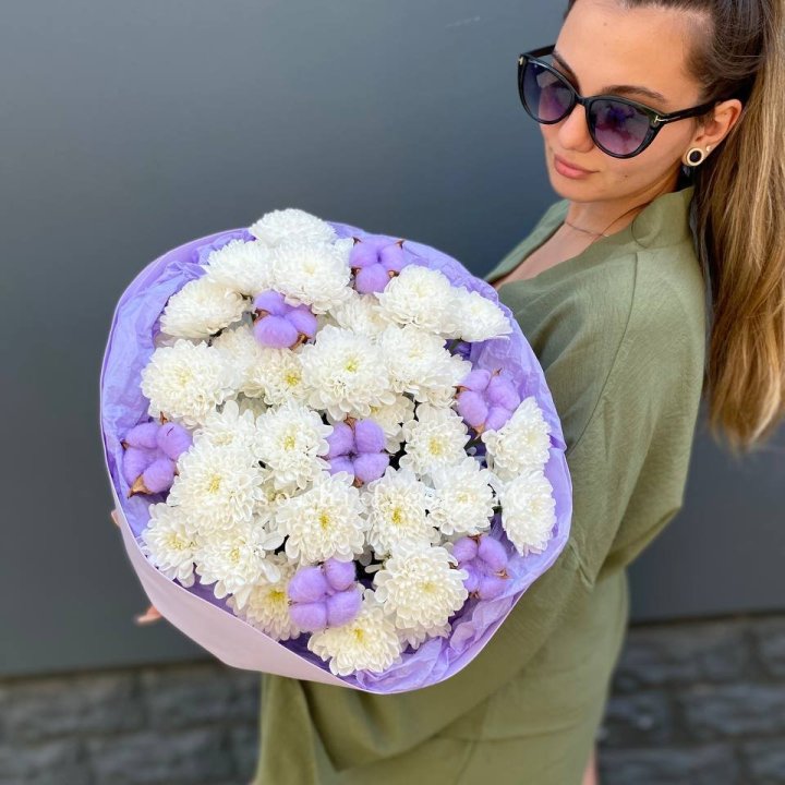  Букет  хризантем и хлопка в Таганроге